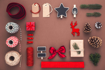 Christmas packaging inspiration over brown background. DIY.