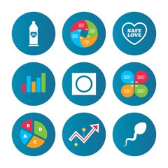 Safe sex love icons. Condom in package symbols.