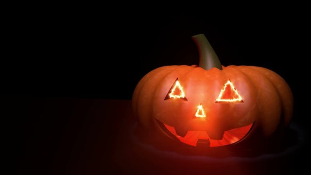 Halloween pumpkin. 3D animation of Jack o’ lantern in the darkness with flames inside.
