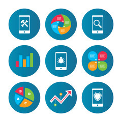 Smartphone icons. Shield protection, repair, bug.
