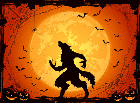 Orange Halloween background with bats and werewolf