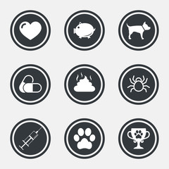 Veterinary, pets icons. Dog paw, syringe signs.