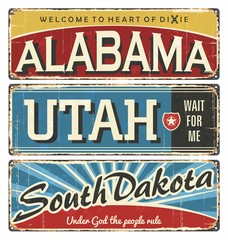 Vintage tin sign collection with America state. Alabama. Utah. Dakota. South. North. Retro souvenirs or postcard templates on rust background. - obrazy, fototapety, plakaty