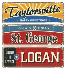 Vintage tin sign collection with USA cities. Taylor. St. George. Logan. Retro souvenirs or postcard templates on rust background.