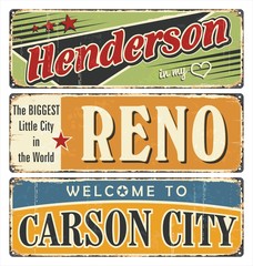 Vintage tin sign collection with USA cities. Henderson. Reno. Carson City. Retro souvenirs or postcard templates on rust background.