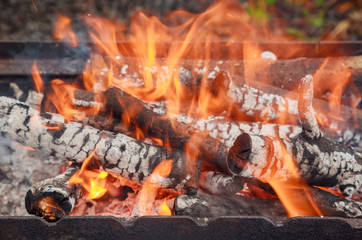 Firewood in flame close-up stock photography