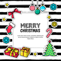 Merry Christmas and Happy New Year 2017, vector greeting card. Banner, poster of flyer design template. Holiday icons, patches, stickers and white frame on striped background.