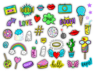 Vector hand drawn fashion patches: rainbow, ghost, cloud, doughnut, cake, camera, lip, heart, star, arrow, speech bubble. Modern set of pop art stickers, patches, pins, badges in 80s-90s cartoon style