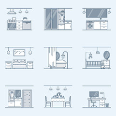interior design set. Linear icons for interior design isolated on a dark background. Bathroom, hallway, kitchen, living room, nursery and other facilities. Vector illustration.