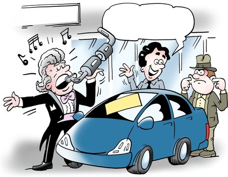 Cartoon illustration of a car salesman who sings into an auto exhaust