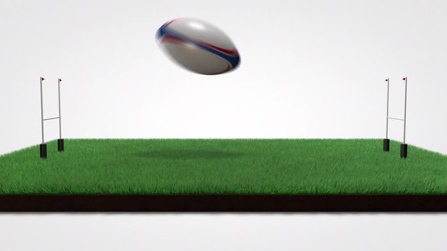 A rugby field falls down as goal posts drop into place and a rugby Ball bounces into frame. Perfect for any fun rugby, league or 7's themed production.