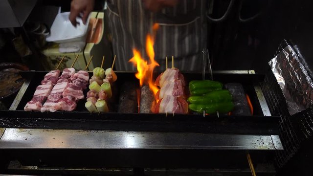 Chicken and Pork skewers on grill 4K