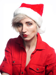 Woman wearing Christmas cap.