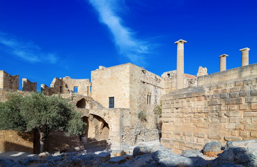 View at ancient Greek remains Lindos acropolis. Rhodes island, Greece.