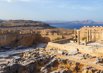 View of Acropolis in Lindos and Vliha bay. Rhodes Island, Dodecanese, Greece