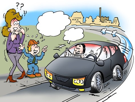 Cartoon illustration of a shocked mother and son who sees a driverless car with a man reading newspaper