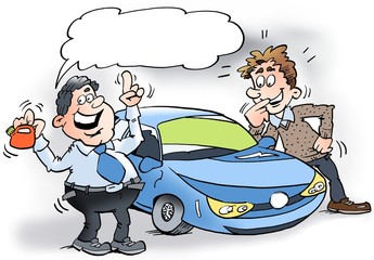 Cartoon illustration of a car salesman showing a hybrid Car and a small petrol can