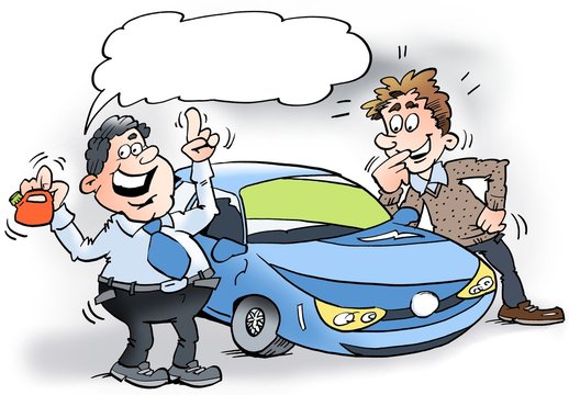 Cartoon illustration of a car salesman showing a hybrid Car and a small petrol can