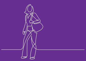 continuous line drawing of standing woman with bag