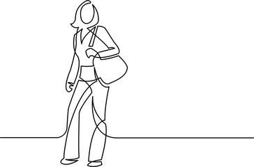 continuous line drawing of standing woman with bag