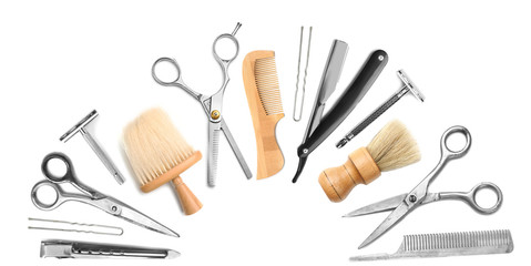 Different professional barber equipment with space for text on white background