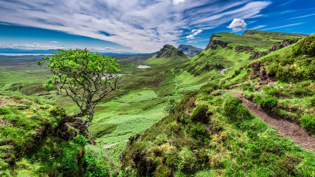 Breathtaking view from Quiraing to valley in Scotland at summer, United Kingdom