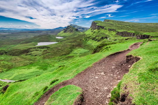Quiraing to valley in Scotland at summer, United Kingdom