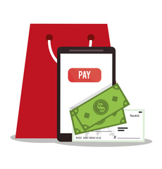 Smartphone bag and bills icon. Payment shopping commerce and merket theme. Colorful design. Vector illustration