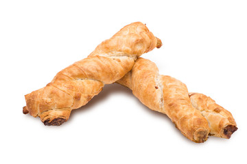Puff pastry with jam on white background
