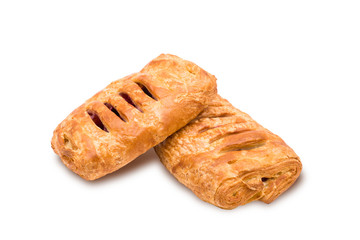 Puff pastry with jam on white background
