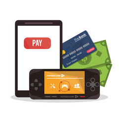 Smartphone videogame and credit card icon. Payment shopping commerce and merket theme. Colorful design. Vector illustration