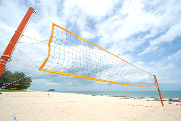 Beach Volleyball net on the beach with blue sky