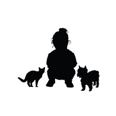 child with cat and dog adorable silhouette illustration in black