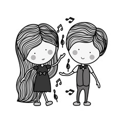 silhouette couple dancing with musical notes vector illustration