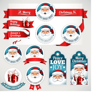 Christmas labels, badges and banners with Santa Claus, present, hat and reindeer illustrations in retro style. Set of calligraphic and typographic decorative design elements.