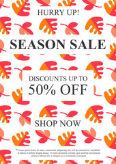 Vector Season Sale banner with autumn leaves pattern for online stores, websites, retail posters, social media ads. Creative banner layout for m-commerce, mobile applications, e-mail promotions