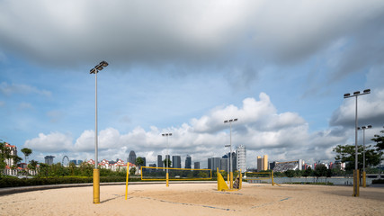 Volleyball field in city.
