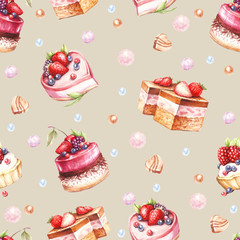 Seamless pattern with cakes. Hand draw watercolor illustration.