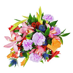 colorful floral bouquet from roses,cloves and orchids isolated on white background