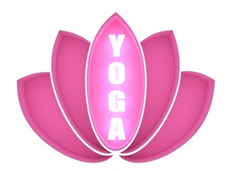 Lotus flower symbol. 3D rendering.Yoga text. Neon shine lighting