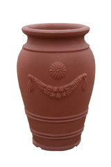 Big orange plastic flower pot isolated on white background. Flower pot with ornament..