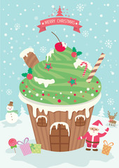 Illustration vector of merry christmas element cupcake decoration  party on snow background.