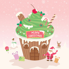 Illustration vector of merry christmas element cupcake decoration for party on snow pink background.