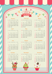 Twelve month for 2017 calendar template with cupcake cafe design of  merry christmas ornament.Illustration vector pastel background colors.