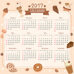 Twelve month of 2017 calendar template design.Chocolate flavor of bakery dessert and drink beverage for restaurant, cafe shop.Illustration vector in brown pastel background colors.