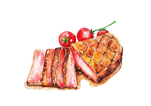 Steak with Tomato, watercolor painting isolated on white background