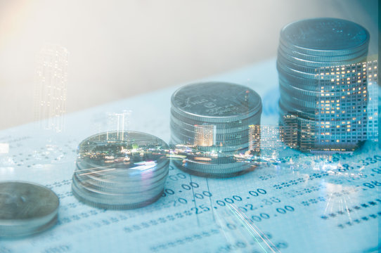 Double exposure of city and rows of Thai coins, finance and banking concept