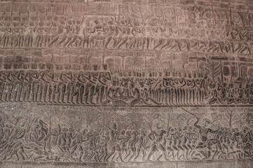 Wall carving of Prasat Bayon Temple, in famous landmark Angkor Wat complex, khmer culture, Siem Reap, Cambodia