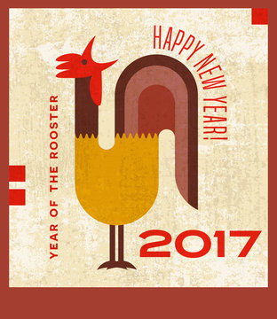 Happy new year greeting card with stylized crowing rooster. Chinese new year 2017