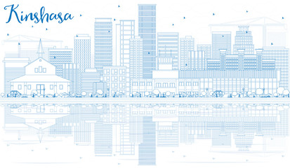 Outline Kinshasa Skyline with Blue Buildings and Reflections.
